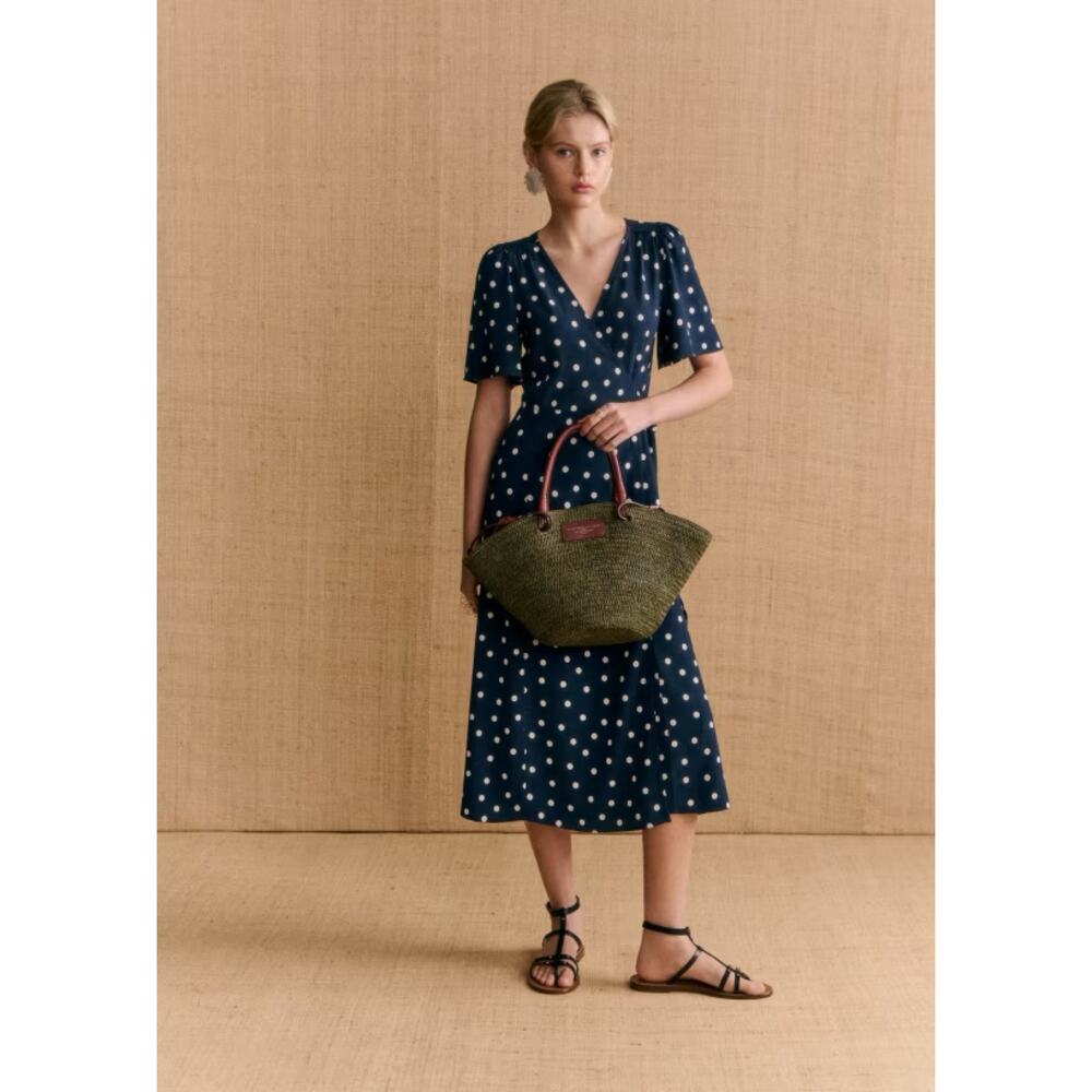 Sézane Sarah Blue Polka Dot Midi Wrap Dress 34 EU 2 US XS